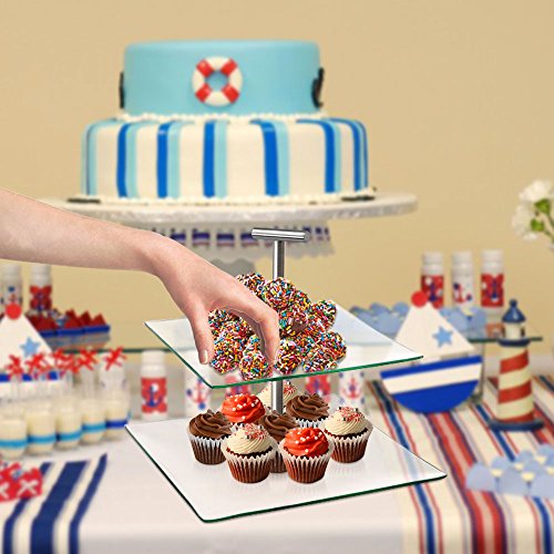 2 Tier Server - Tiered Glass Serving Stand Square Cake Plates with Metal Handle - Food Display Platter for Party and Event, Best for Appetizers, Snacks and Desserts - Thumbnail 3
