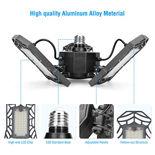Led Garage Light, Vorida 8000LM E26/E27 Basement Deformable 80W Garage Lights, Led Garage Ceiling Light Fixture with 3 Adjustable Light Panels for Garage, Warehouse and Workshop(NO Motion Activated)