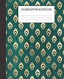 Composition Notebook: Turquoise And Faux Gold Peacock Bird Pattern College Ruled Notebook Lined School Journal