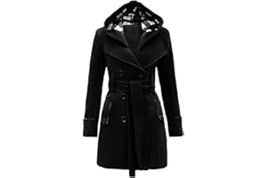 hlysgo Women's Double Breasted Pea Coat Hooded Long Winter Trench Coat Belted Slim Outerwear Overcoat Fall Fashion Outfits