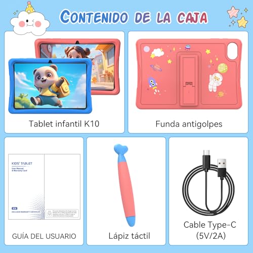 TABWEE K10 Kids Tablet 10 Inch, Android 15 Kids Tablet, 12 GB RAM (4+8) 64 GB ROM (TF 2 TB), Wi-Fi, Parental Control, Children's Educational Tablet with Blue Case