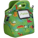 GOPRENE Kids Dinosaur Neoprene Lunch Bag with ID Card Pocket | Identi-Tote Insulated, Reusable, Foldable, Washable, Color: Green Dino, 3 Blank Name Cards