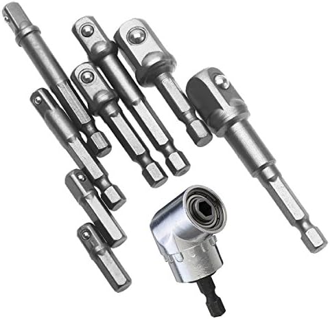 8Pcs Socket Adapter Impact Hex Shank Drill Bits Bar Set 1/4" 3/8" 1/2" Bits to Use with Drill Chucks or Screw Impact Drivers + 1Pcs 105° 1/4" Right Angle Driver Angle Extension Power Screwdriver Drill