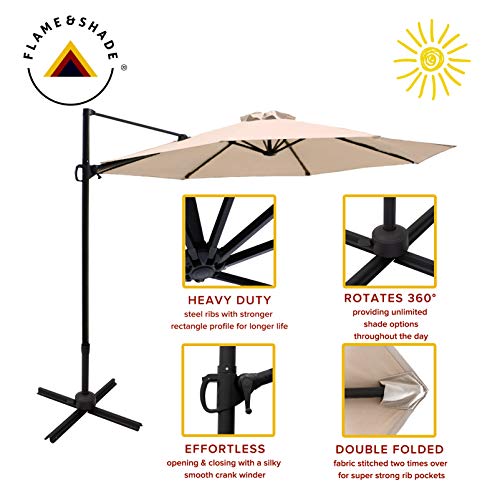 FLAME&SHADE 10 ft Cantilever Offset Outdoor Patio Umbrella with Base