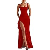LAGSHIAN Women's Elegant Square Neck Sleeveless Bodycon High Split Ruched Long Formal Evening Dress