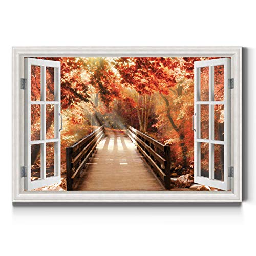 Renditions Gallery Autumn Bridge Open Window Wall Art, Orange Fall Tree Artwork…