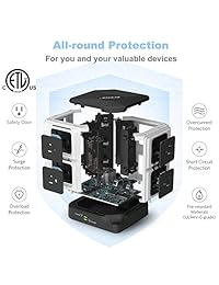 USB regleta BESTEK 8 tomas, Protector de sobrecarga de 1500 julios con 40 vatios W  8 amperes, 6 Estaciones de carga USB., 1875.00watts, 110.00 volts