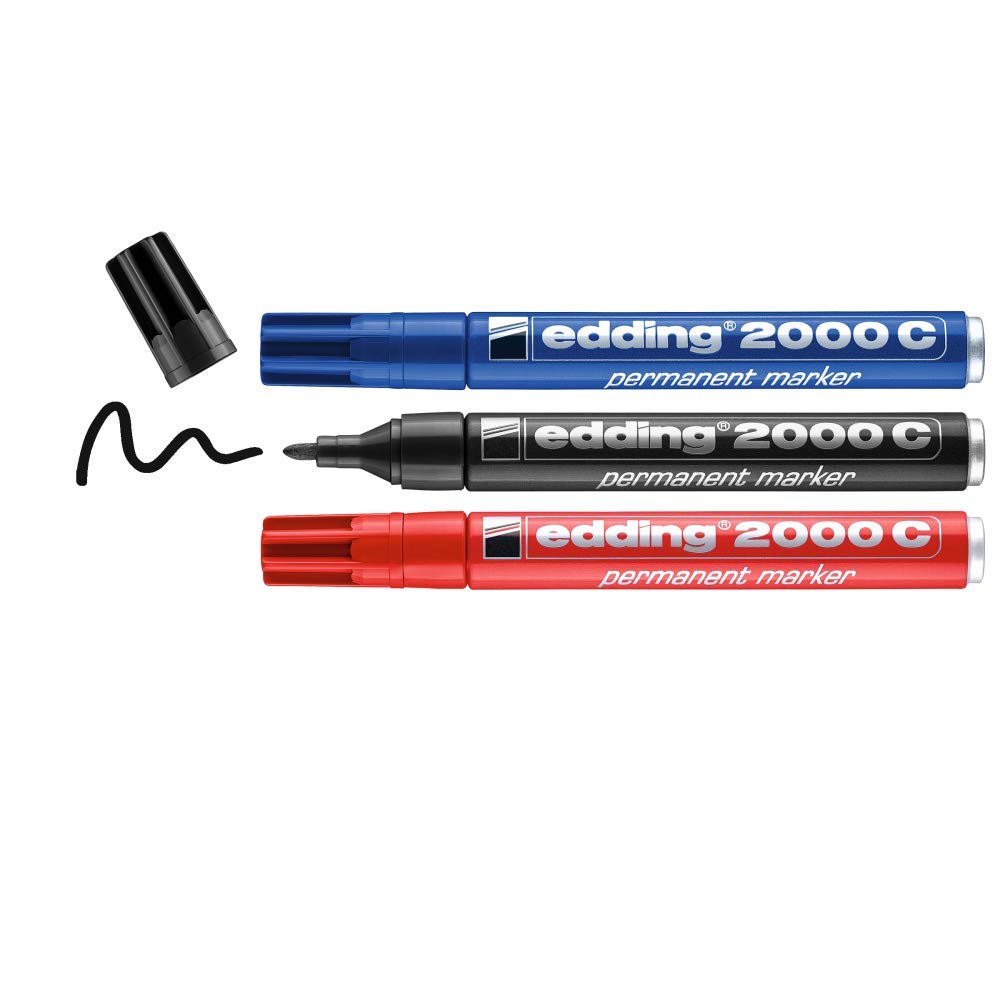 edding 2000 C permanent marker - black, red, blue - 3 marker pens - round nib 1.5-3 mm - quick-drying permanent markers - waterproof, smudge-proof - for cardboard, plastic, wood, metal, fabric