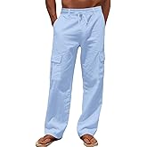 TAFLE Men's Linen Pants Casual Cargo Pants Elastic Drawstring Waist Straight-Legs Summer Yoga Beach Long Pants with Pockets