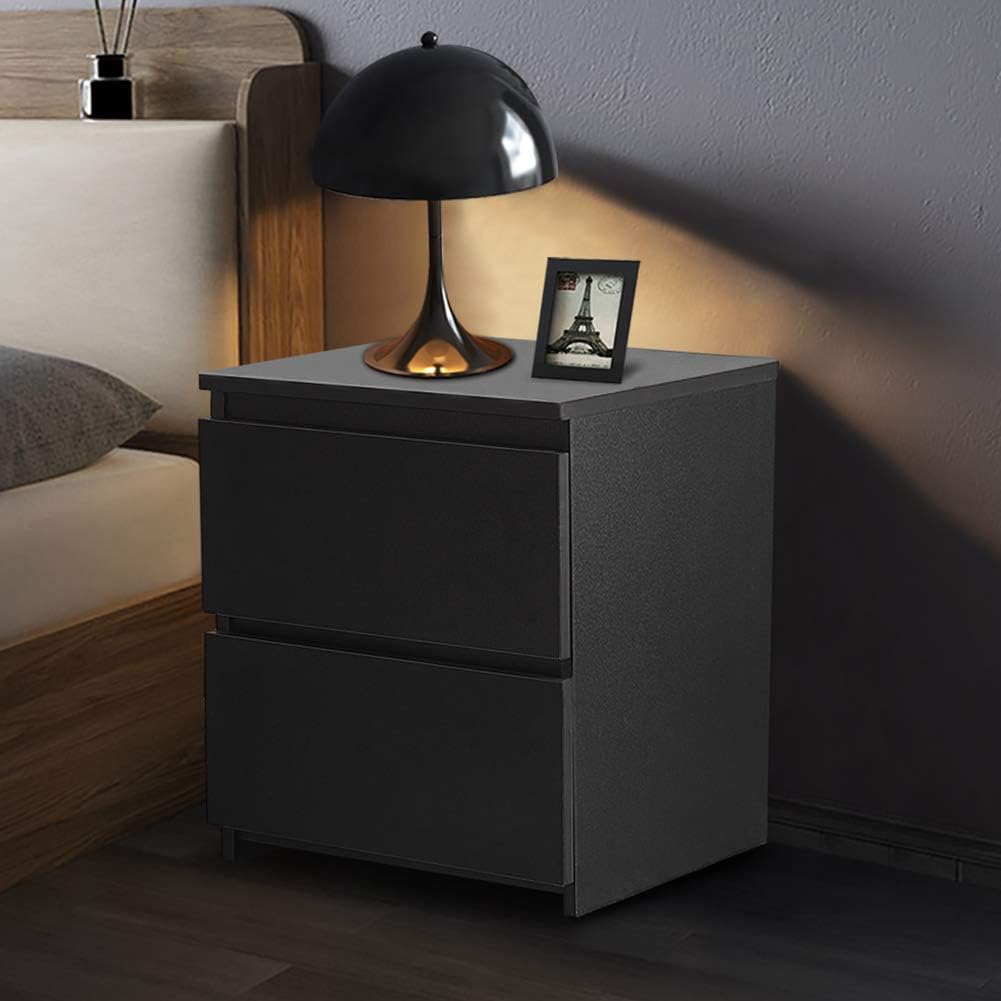 TUKAILAI Black Bedside Table Chest of 2 Drawers Wooden Night