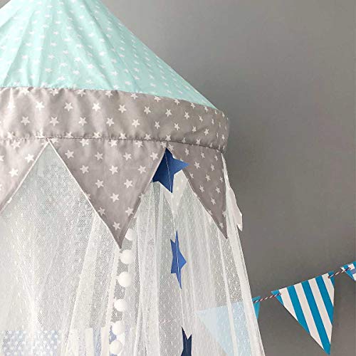 Dix-Rainbow Bed Canopy with Pom Pom Hanging Mosquito Net for Baby Crib Kids Twin Full Queen Size Bed, Lace Round Dome Fairy Netting Curtains, Kids Play Tent Reading Nook Castle Games House - Blue - Thumbnail 5