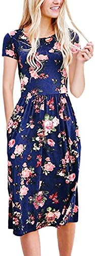Yeyemet Dresses With Pocket Breezy Floral Print Pleated Dress Flowy Claus Draped Blue Large