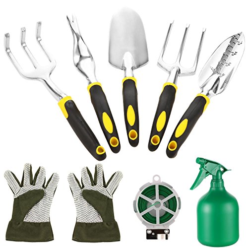 evokem Garden Tools Kit, 10 Piece Vegetable Herb Gardening Tool Set, Foldable Stool with Backrest and Zippered Detachable Tote, 5 Gardening Hand Tools, Gloves, Sprayer, 50M Plant Ties (US STOCK)
