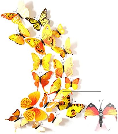 3D Butterfly Wall Sticker Crafts Butterflies with Magnetic、Sponge Gum and Pin Pack of 12 (Yellow-Magnetic Button&amp;Sponge Gum)