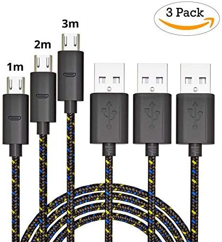 Bazar Express Micro USB Braided Data Cable For Samsung 1 m + 2 m + 3 m Braided Nylon Cord, USB Charger Micro USB Fast Charging For Samsung Galaxy, HTC, Nexus, Sony, Huawei, Asus [Pack of 3]