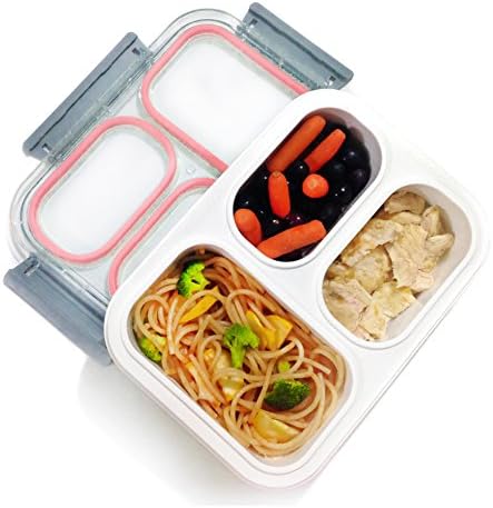 EasyDayContainers Bento Lunch Box 3 Compartments for Adult and Kids Leak-Proof Microwave and Dishwasher Safe Portion Control (Pink)
