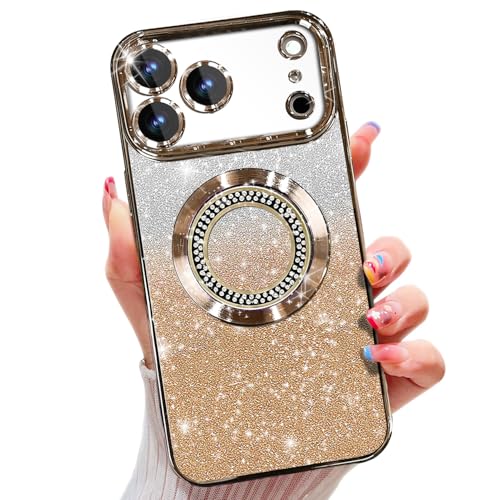 Misscase Magnetische Glitzer-Schutzhülle für iPhone 17 Pro, niedlicher Rundumschutz, schlank, stoßfest, kratzfest, glitzernd, mit Kameralinsenschutz, luxuriöses Zirkonia-Inlay-Design für Damen