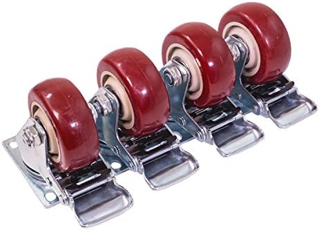 Caster Wheels Swivel Plate Stem Brake Casters On Red Polyurethane Wheels 1200 Lbs 3 inch With brakes 4 pack set