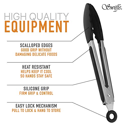 Swiffe Stainless Steel Set of 2 Kitchen Tong Set - Premium Multipurpose 9" with BPA Free Heat Resistant Silicone Tips and 12" with Metal Tips for BBQ, Grilling, Serving - Easy Lock, FDA Approved