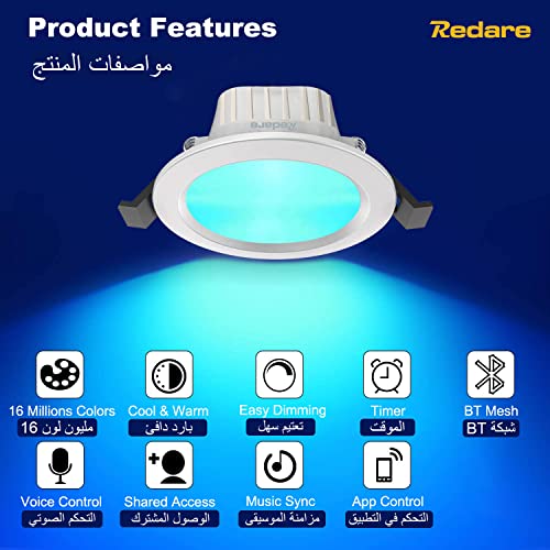 Redare LED Recessed Ceiling Lights,6 Pack 10W Dimmable Smart Downlights RGB+Warm White+Cool White,App Control,Bluetooth Mesh Spotlights 2700K-6500K for Living Room,Bedroom,Kitchen,KTV(10W 6 Pack)