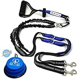 Pet Fit For Life 64" Premium Dual Dog Leash With Comfortable Soft Grip Foam Rubber Handle And Integrated Shock Absorbing Bungee + Bonus Collapsible Water Bowl for Medium to Large Dogs