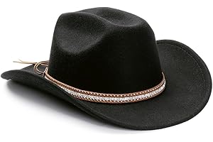 LolliWeaver Women Men Fashion Wide Brim Teardrop Crown Felt Western Cowboy Cowgirl Hat with Silver Studs Leather Hat Band
