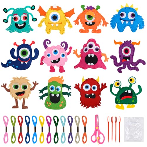 12 Pieces Sewing Kit Children Felt Craft Kit for Beginners, Complete Set of Sewing Monster Felt, DIY Sewing Gift Girls 6 7 8 9 10 Years