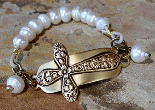 Satin Antiqued Brass Decorative Cross Interchangeable Rockband Bracelet - White Pearls Charmed