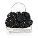 Emour Women Satin Rose Rhinestone Pure Color Handbag Evening Bags Wedding Handbags Carved Handle (Black)