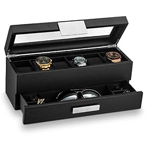 Glenor-Co-Watch-Box-with-Valet-Drawer-for-Men-6-Slot-Luxury-Watch-Case-Display-Organizer-Carbon-Fiber-Design-Metal-Buckle-for-Mens-Jewelry-Watches-Mens-Storage-Holder-Boxes-has-a-Large-Glass-Top