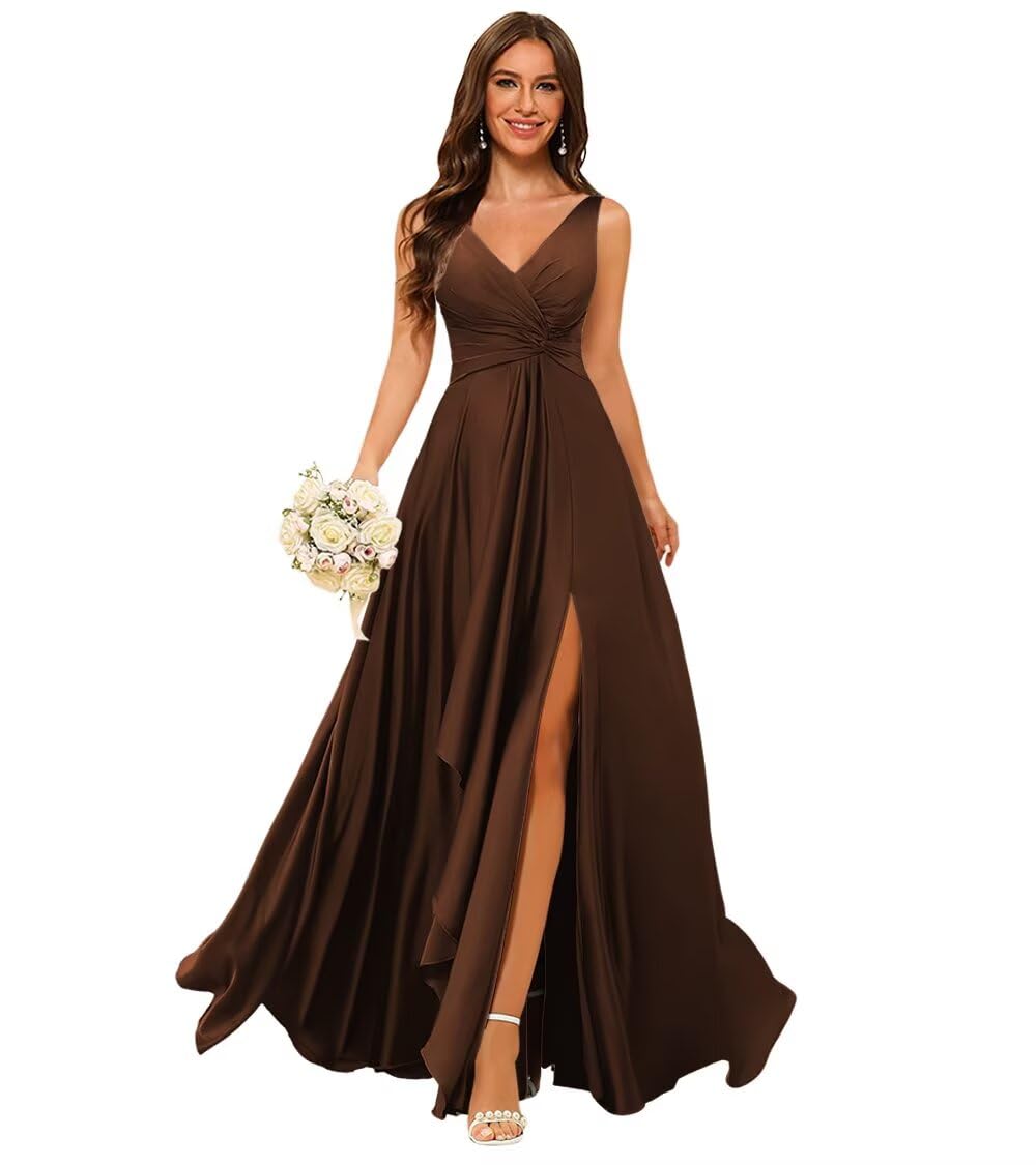 Photo 1 of Stylefun Women's Sexy V-Neck Long Bridesmaid Dress with Slit 2026 A-line Satin Formal Gowns for Evening Prom Brown US14