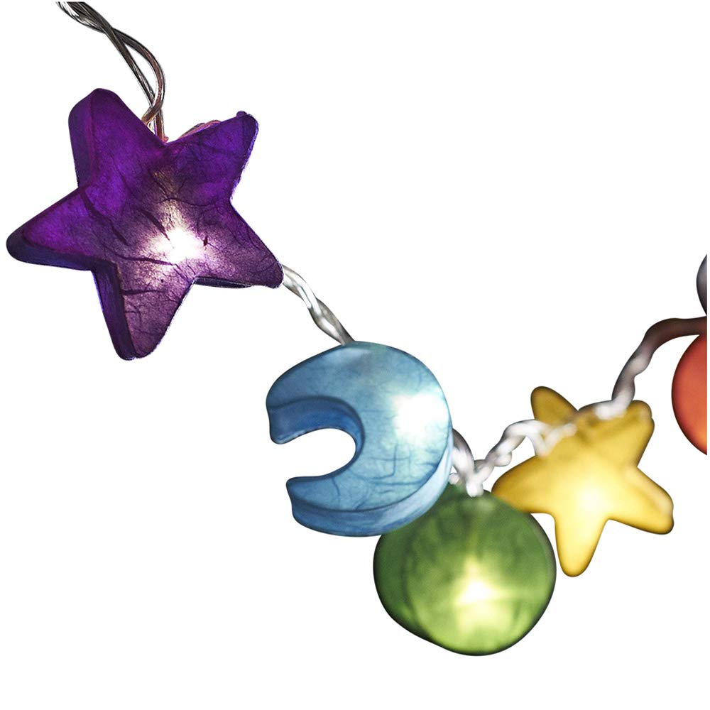 Blaze On Star, Sun and Moon Fairy Lights (Rainbow Colours) – 20 Warm White LED Lights – Handcrafted 3D Shapes from Hand-Screened Mulberry Paper – USB Powered and Includes UK 3–Pin USB Adapter