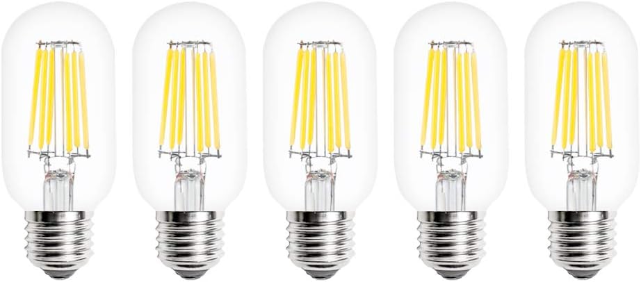 WULUN 5-Pack T45 LED Edison Bulb 6W 600 LM 6500K Cool White 60W Incandescent Replacement E27 Screw Vintage LED Decorative Light Bulb T45 Crystal Glass Tubular Filament Bulb Non-dimmable