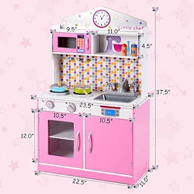 Costzon Kids Kitchen Playset Wooden Cookware Pretend Cooking Food Set With Removable Sink Microwave Pegs On The Wall Top Display Shelf Real