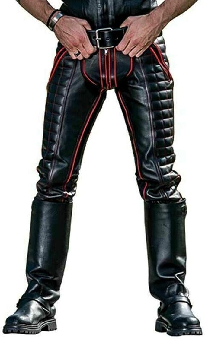 Men's Cowhide Leather Jeans RED Stripes Double Zip Pants Jeans BLUF