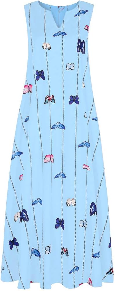 Women Dress Casual Butterfly Print Dress Sleeveless Loose Party Long Dress Summer Fashion Beach Elegant Maxi Dress