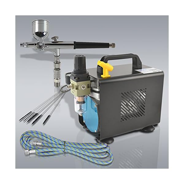 Professionelles Airbrush-Kompressor Ultimate II mit sehr leisem Kompressor, Airbrushpistole mit doppelter Aktion und Nadeln, Becher, Farbe, Glas, Druckluftschlauch
