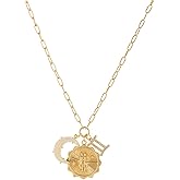 Zodiac Necklaces for Women,14K Gold Zodiac Sign Coin Necklace with Opal Crescent Moon 12 Constellation Astrology