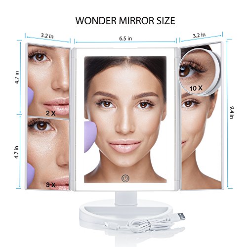 Lighted Makeup Mirror with Magnification - Trifold Desktop+10x Magnifying Cosmetic Mirrors - Vanity Makeup Mirror with Led Lights - Battery or Electric - Already equipped with long 6.6 ft Cord+Charger - Thumbnail 4