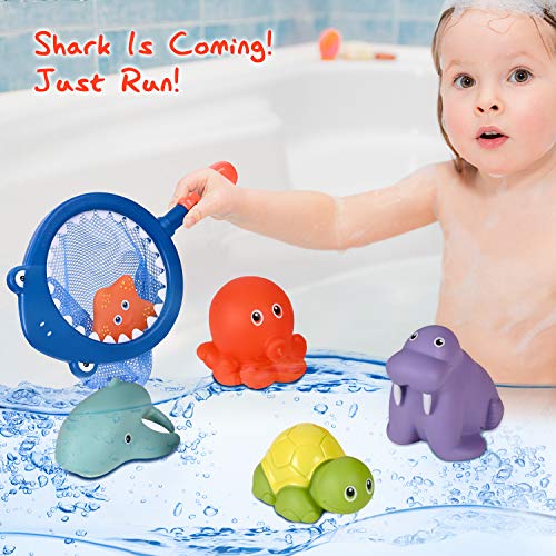 Joyjoz Bath Toys Basketball Hoop & Balls, Bathtub Toys Set with Fishing Net, 3 Basketballs, 6 Marine Animals, 5 Stacking Cups, Storage Bag for Kids & Toddlers Gift