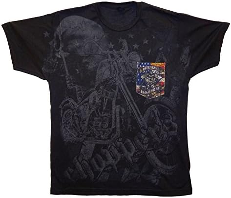 Biker Ride Hard Live Free Choppers Motorcycle Skull USA Flag Soft T-Shirt Tee Printed Pocket Unsex Mens - Black