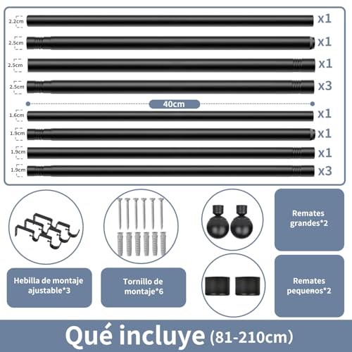 Barra de Cortina Doble Telescópica de Metal,Cortinero Doble (36 a 120”),Tubo Cortina Doble Negro,cortineros dobles para cortinas,Ventana con Soporte,para casa, Armario