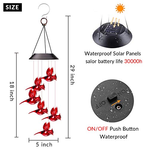 XIEYUZEUS Solar Wind Chimes Cardinal Bird,Solar Cardinal Red Bird Wind Chime Light, with 6 Vivid Hummingbirds Multicolor Led Light，Holidays, Courtyards, Decorations As Gifts