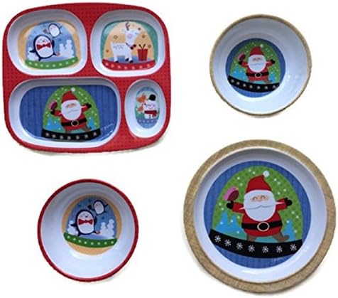 Christmas Holiday Children's Melamine Plates and Bowls Dinnerware 4-pc Set