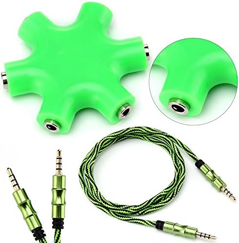 Aux Cord (1 Piece) For Car 3.5mm + 6-Port Audio Splitter For 3.5mm Pin - Headphones, Auxiliary Cord, Etc. - (Green)