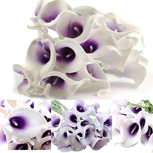 MUYEE 20 Pcs Artificial Calla Lily Flowes Real Touch Fake Flowers Wedding Bouquets Valentines Day Decorations(Purple White)