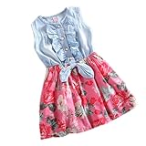 PanDaDa Girls Princess Dress Denim Skirts Bow Flower Ruffled Cute Sundress 2-6y