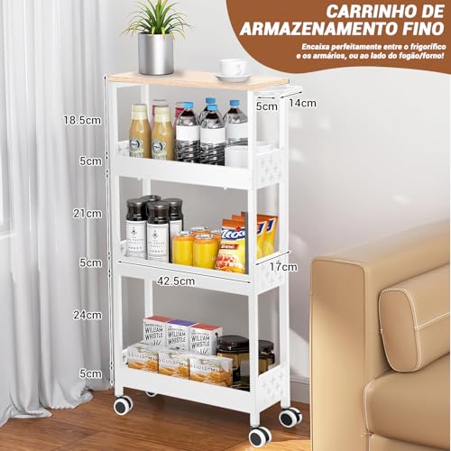 Carrinho de Armazenamento Fino Utilitário, 4 Andares com Tampo de Madeira, Multiuso com Rodinhas 360°, Carrinho Organizador Ideal para Espaços Confinados, Branco