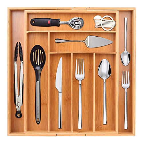 Jolitac Bamboo Expandable Drawer Organizer Flatware and Utensil Organizer for Kitchen Drawers 100% Pure Bamboo Silverware Drawer Tray Premium Cutlery and Utensil Tray 8 Compartments