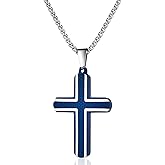 BIYONGDE Men's Large Blue Cross Pendant Necklace with 24 Inch Stainless Steel Box Chain, Christian Cross Necklace, Religious Chain Jewelry for Believers and Prayers